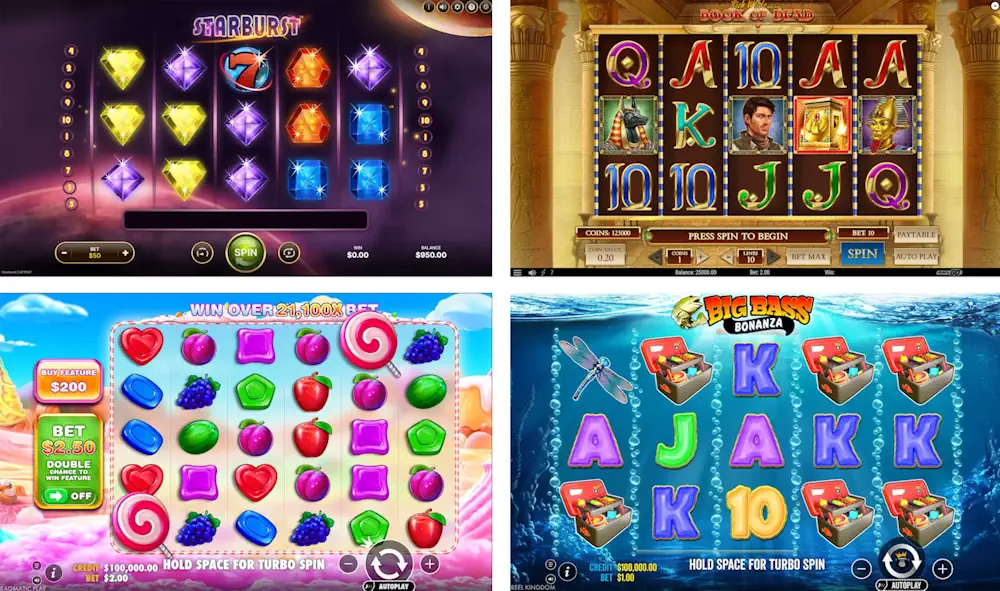 Slots Starburst, Book of Dead, Big Bass Bonanza, Sweet Bonanza Screenshot